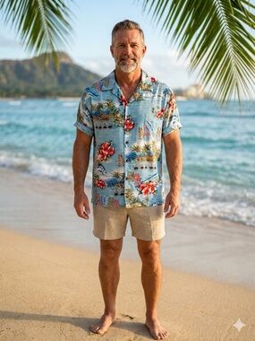 The Hawaiian Original ALOHA Shirt in Vibrant Blue White Red Tropical Floral
